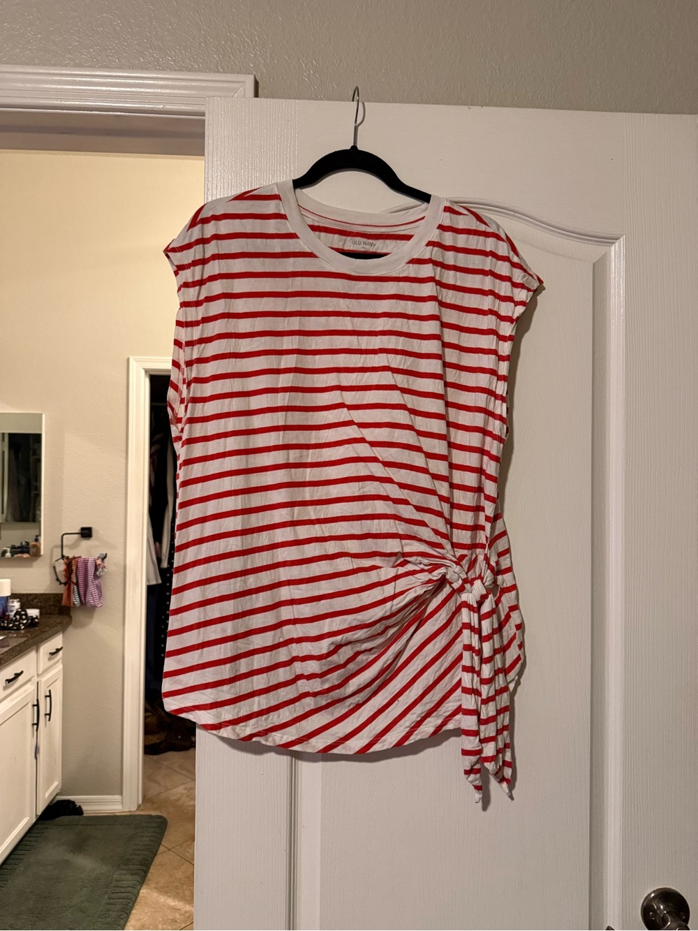 Red and White Striped Side-Knot Short Sleeve Tee